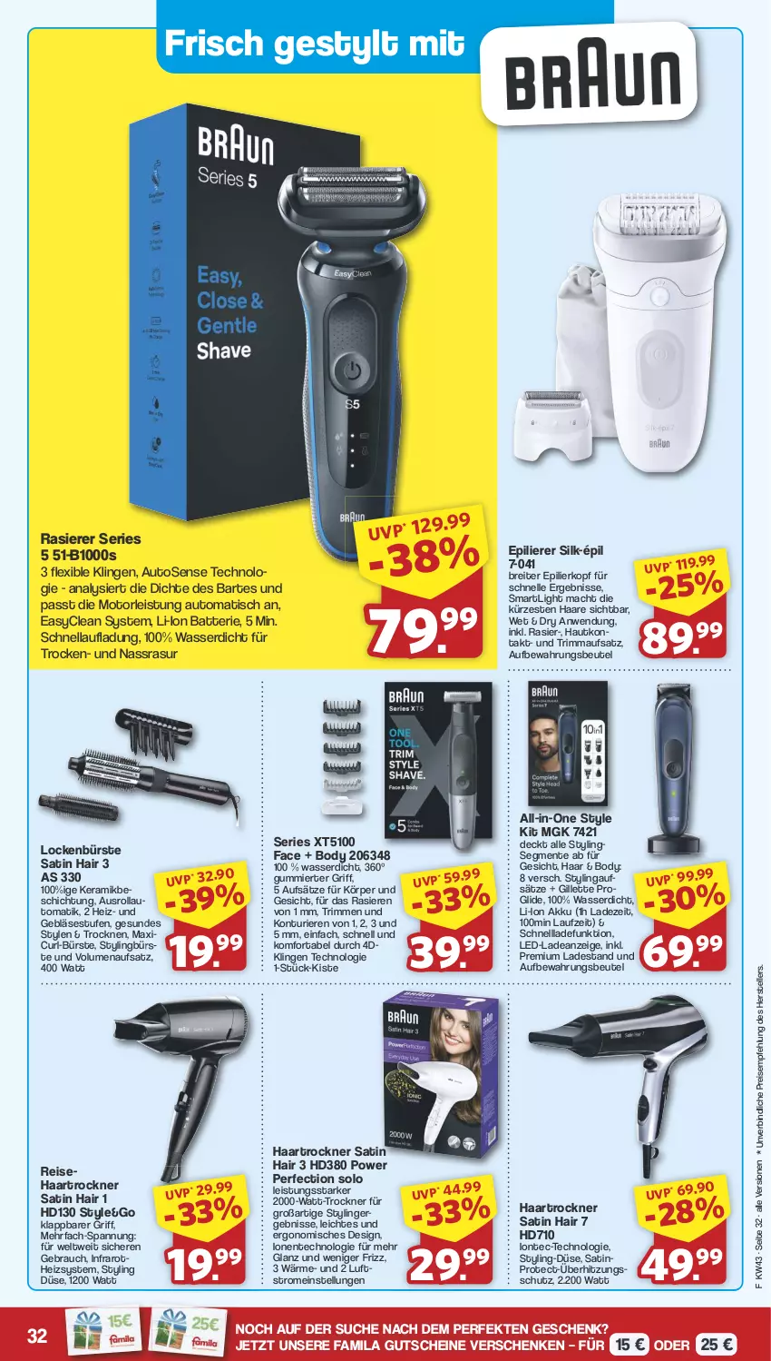 Aktueller Prospekt Famila - Prospekte - von 21.10 bis 26.10.2024 - strona 32 - produkty: akku, auto, batterie, beutel, body, Brei, bürste, eis, elle, ente, epilierer, gillette, gutschein, gutscheine, haartrockner, mac, rasierer, Rauch, reis, schnellladefunktion, teller, Ti, tisch, Trockner, wasser