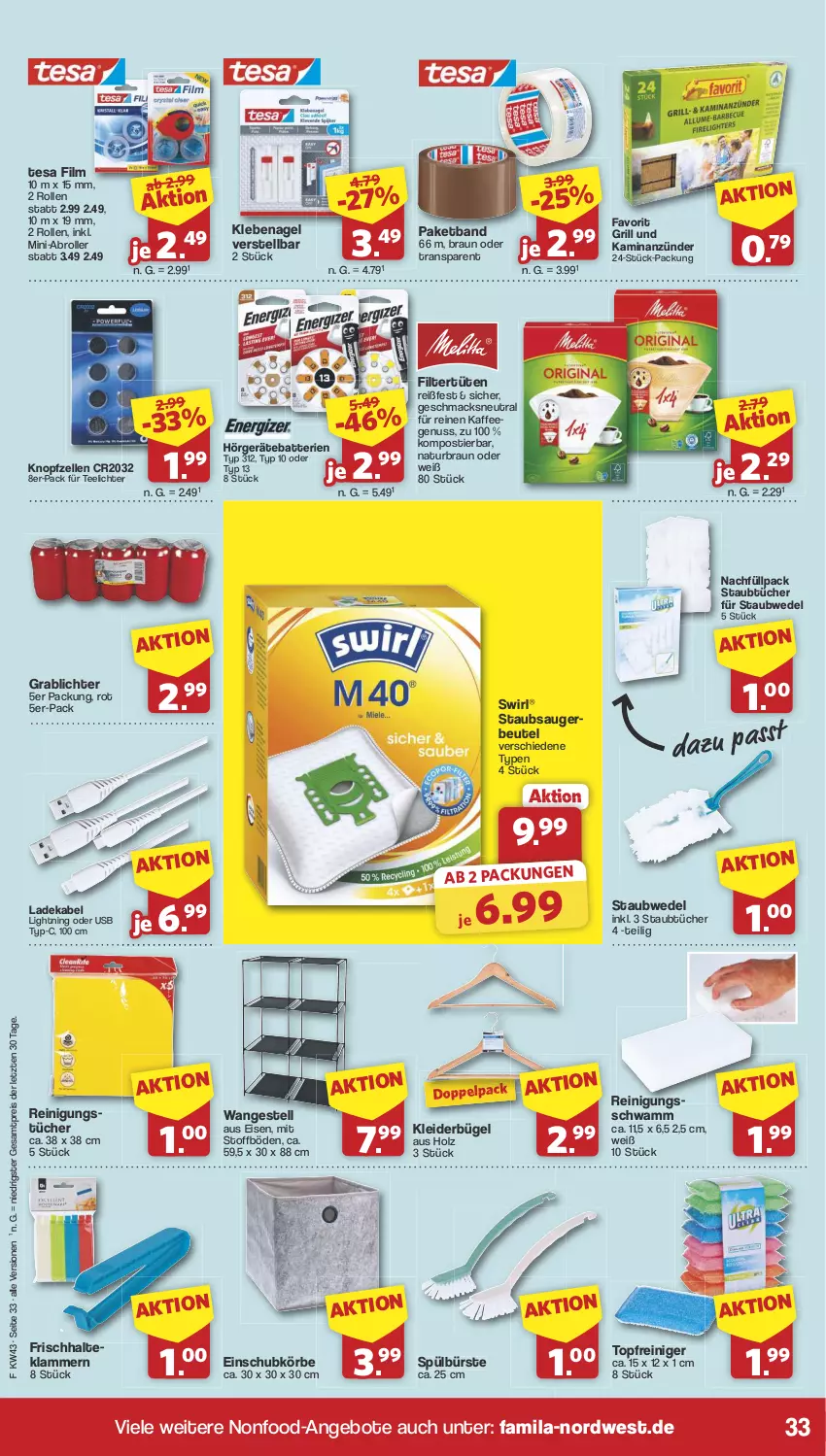 Aktueller Prospekt Famila - Prospekte - von 21.10 bis 26.10.2024 - strona 33 - produkty: angebot, angebote, anzünder, batterie, batterien, beutel, braun, bügel, bürste, deka, eis, elle, grill, Holz, kaffee, kaffeegenuss, Kamin, Klammern, kleid, kleider, kleiderbügel, ladekabel, lamm, mac, natur, nuss, reiniger, Reinigung, reinigungstücher, reis, Roller, schwamm, staubsauger, staubsaugerbeutel, staubwedel, Stier, swirl, tee, Teelicht, teelichte, tesa, Ti, topf, tücher, Tüte, usb, wedel, ZTE