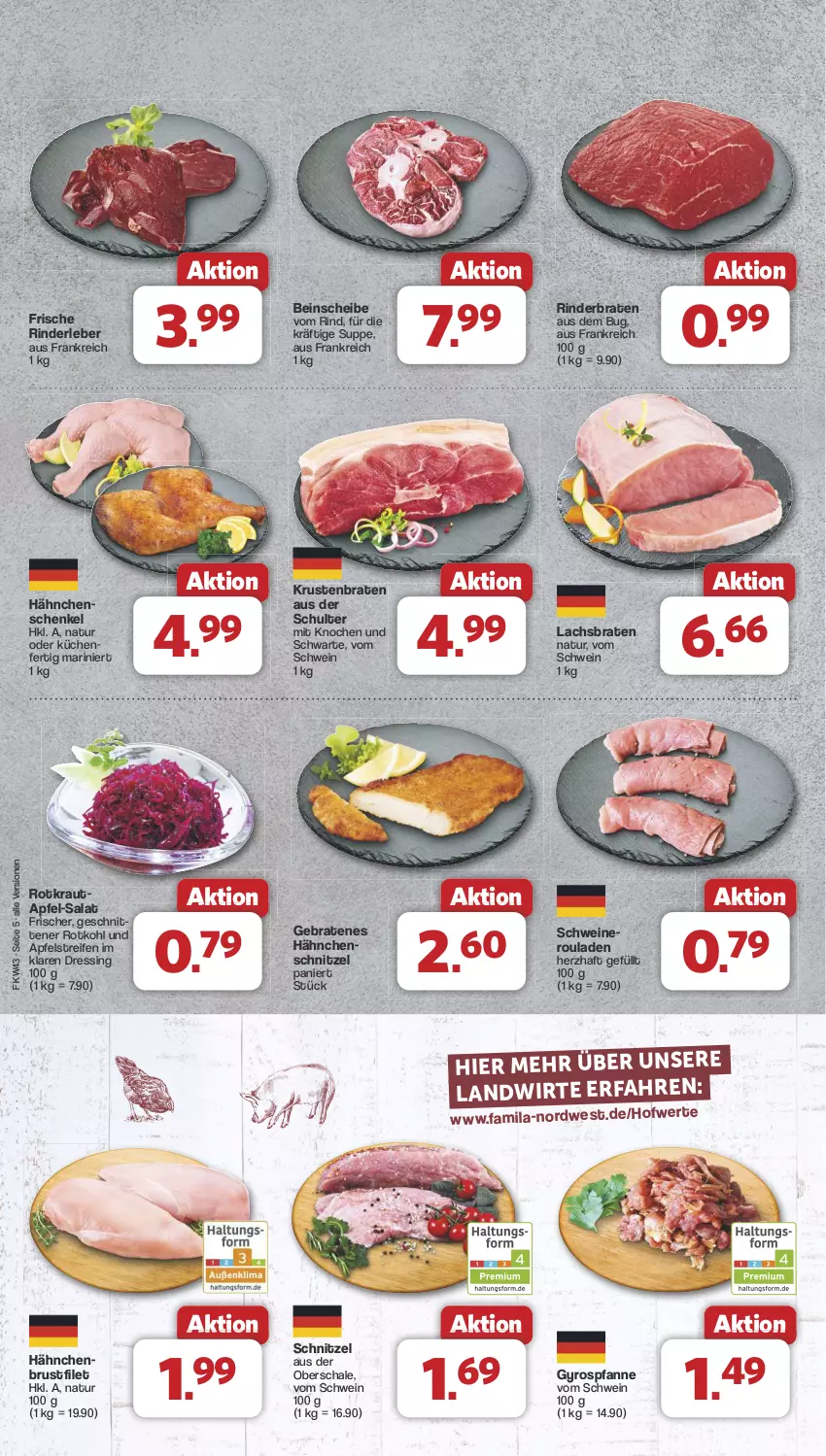 Aktueller Prospekt Famila - Prospekte - von 21.10 bis 26.10.2024 - strona 5 - produkty: apfel, braten, brustfilet, dressing, filet, gyros, hähnchenbrust, hähnchenbrustfilet, hähnchenschenkel, Hähnchenschnitzel, henkel, Kraut, krustenbraten, küche, Küchen, lachs, Lachsbraten, natur, nero, pfanne, reifen, rind, rinder, rinderbraten, Rinderleber, rotkohl, rouladen, salat, Schal, Schale, schenkel, schnitten, schnitzel, schwein, schweine, Schweineroulade, suppe, Ti, wein, weine