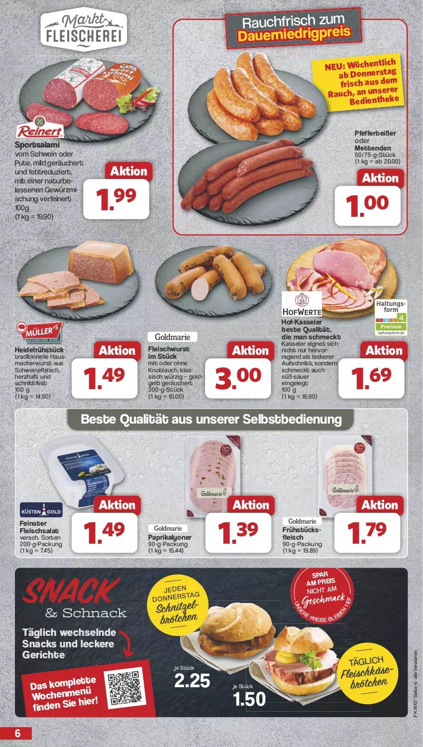 Aktueller Prospekt Famila - Prospekte - von 21.10 bis 26.10.2024 - strona 6 - produkty: auer, aufschnitt, brötchen, eis, elle, fleisch, fleischsalat, fleischwurst, frühstücksfleisch, gewürz, Gewürzmischung, Hausmacher, heidefrühstück, kasseler, knoblauch, lyoner, mac, Mett, metten, Mettenden, mit oder ohne knoblauch, natur, paprika, pfeffer, Pfefferbeißer, pute, Rauch, reis, salami, salat, schnitzel, schwein, schweine, schweinefleisch, snack, snacks, Sport, Ti, wein, weine, wurst, Yo