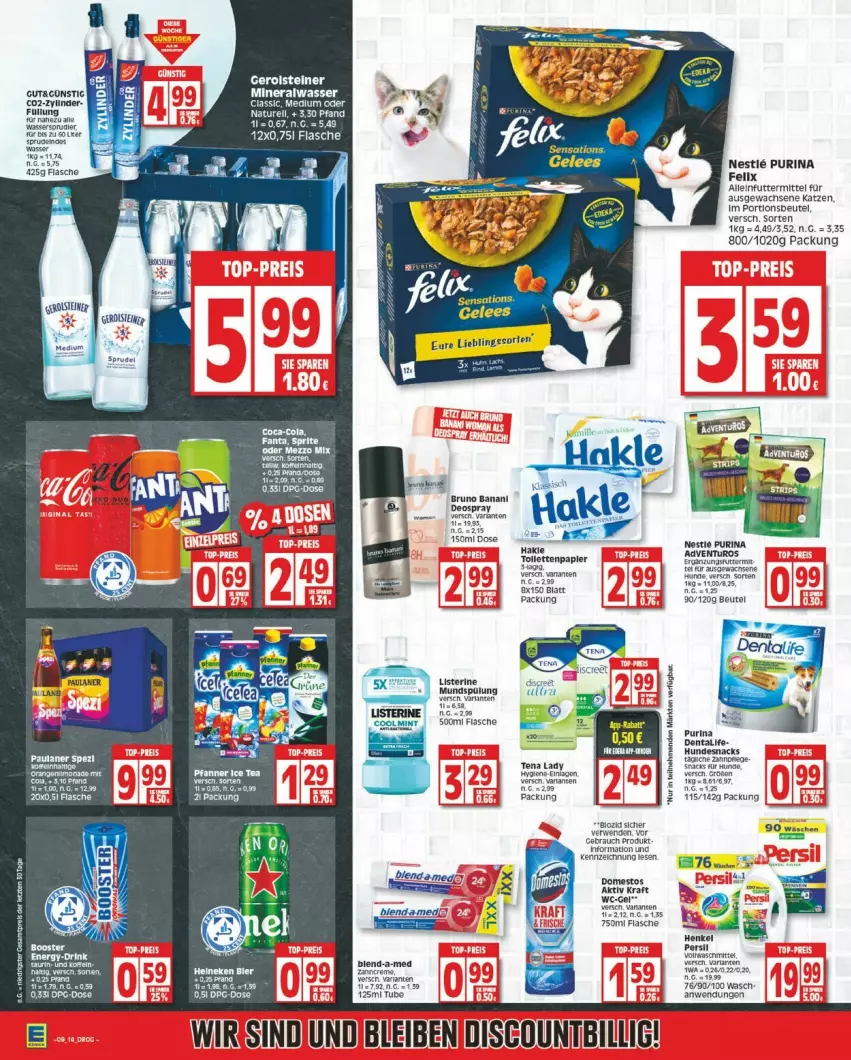 Aktueller Prospekt Edeka - Prospekte - von 26.02 bis 02.03.2024 - strona 14 - produkty: alleinfuttermittel, Alwa, arla, beutel, domestos, felix, flasche, gerolsteine, gerolsteiner, hakle, kraft, mineralwasser, Mineralwasser Classic, mundspülung, papier, portionsbeutel, purina, snack, snacks, spülung, steiner, Ti, wasser