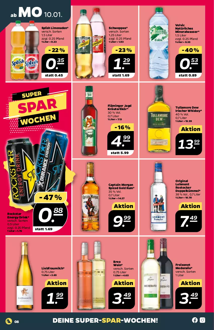 Aktueller Prospekt Netto - Angebote ab Montag - von 10.01 bis 15.01.2022 - strona 10 - produkty: Alwa, bree, Cap, captain morgan, drink, energy drink, freixenet, gin, kräuter, kräuterlikör, likör, limo, limonade, limonaden, milch, mineralwasser, natürliches mineralwasser, Rockstar, Rostocker, rum, schweppes, Ti, tullamore, tullamore dew, volvic, volvic natürliches, wasser, wein, whiskey