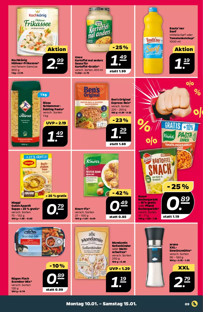 Aktueller Prospekt Netto - Angebote ab Montag - von 10.01 bis 15.01.2022 - strona 11 - produkty: Bau, Becher, Ben’s Original, eis, express-reis, fisch, gewürz, Gewürzmühle, gin, hühner, kartoffel, ketchup, knorr, knorr fix, LG, maggi, mehl, merl, mondamin, pasta, pfanni, reis, riesa, sauce, senf, Soße, suppe, Ti, tomate, tomaten, tomatenketchup