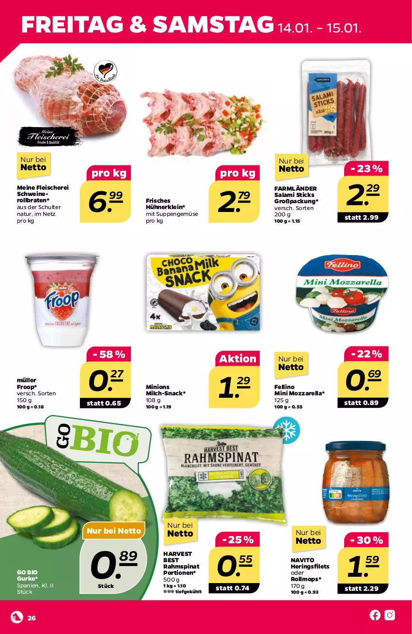 Aktueller Prospekt Netto - Angebote ab Montag - von 10.01 bis 15.01.2022 - strona 28 - produkty: bio, braten, eis, filet, filets, fleisch, Fleischerei, froop, gurke, hering, Herings, heringsfilets, hühner, milch, mozzarella, Müller, müller froop, natur, nero, rel, ring, rollbraten, salami, Schere, schwein, schweine, Schweinerollbraten, snack, spinat, suppe, suppen, Ti, wein, weine