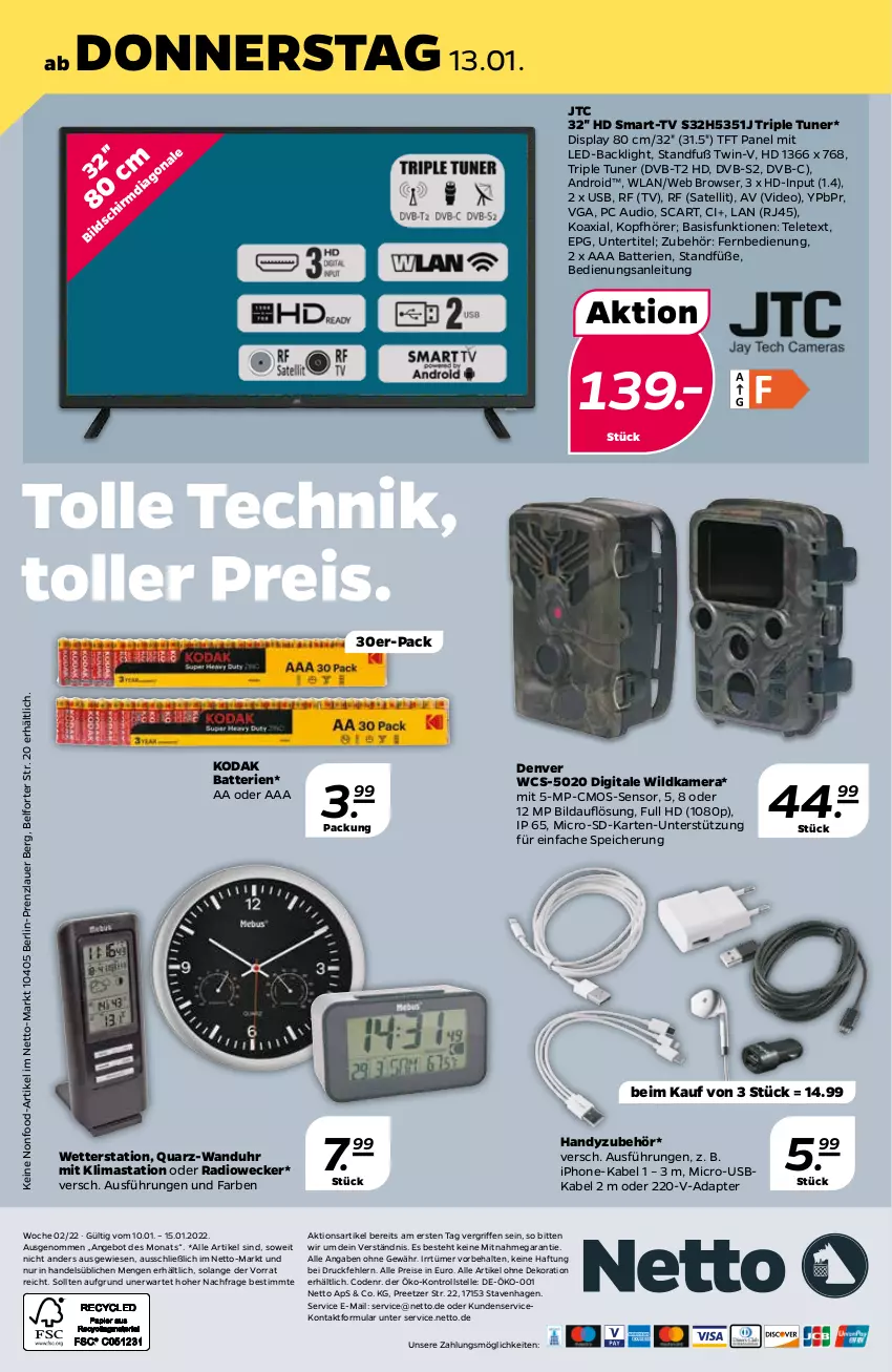 Aktueller Prospekt Netto - Angebote ab Montag - von 10.01 bis 15.01.2022 - strona 30 - produkty: adapter, alle artikel ohne dekoration, angebot, auer, batterie, batterien, cmos-sensor, dekoration, deo, dvb, dvb-s2, DVB-T, dvb-t2 hd, eis, elle, fernbedienung, Handy, iphone, jtc, kamera, kopfhörer, Radio, reis, Ti, tuner, uhr, usb, wanduhr, weck, Wetterstation, Wild, Wildkamera