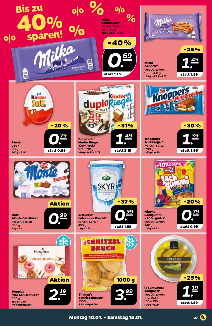 Aktueller Prospekt Netto - Angebote ab Montag - von 10.01 bis 15.01.2022 - strona 9 - produkty: antipasti, arla, arla skyr, asti, Donut, donuts, duplo, frucht, Kinder, kinder riegel, knoppers, lachgummi, milka, milka schokolade, monte, natur, nimm2, nuss, nussriegel, Popp, riegel, schnitzel, schoko, schokolade, Skyr, Ti, zott, Zott Monte