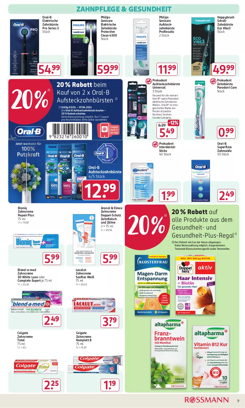 Aktueller Prospekt Rossmann - Prospekte - von 03.06 bis 07.06.2024 - strona 11 - produkty: bio, blend-a-med, bürste, bürsten, colgate, coupon, creme, eis, elektrische zahnbürste, elmex, erde, fleisch, Gesundheit, kraft, Lacalut, LG, oral-b, Philips, Prokudent, regal, reifen, Schal, schallzahnbürste, sonicare, Ti, zahnbürste, zahnbürsten, zahncreme, Zahnseide, ZTE, zucker