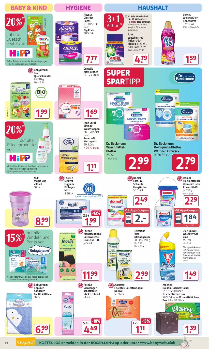 Aktueller Prospekt Rossmann - Prospekte - von 03.06 bis 07.06.2024 - strona 12 - produkty: aktiv gel, alouette, Alwa, Always, ariel, ariel waschmittel, babydream, balsam, beutel, binden, bio, biozidprodukte, camelia, coupon, Discreet, Domol, Dr. Beckmann, Einmalwaschlappen, elle, Facelle, Fangtücher, feuchtes toilettenpapier, feuchttücher, fleckentferner, handtuch, heitmann, Jean Carol, kosmetik, Kosmetiktücher, nuk, Pants, papier, Pods, quetschbeutel, Rauch, Reinigung, rwe, Schwangerschaftstest, spartipp, Tasche, taschen, taschentücher, Ti, toilettenpapier, tuc, tücher, Unterwäsche, vernel, waschlappen, waschmittel, wattepads, weck, weichspüler, windeln