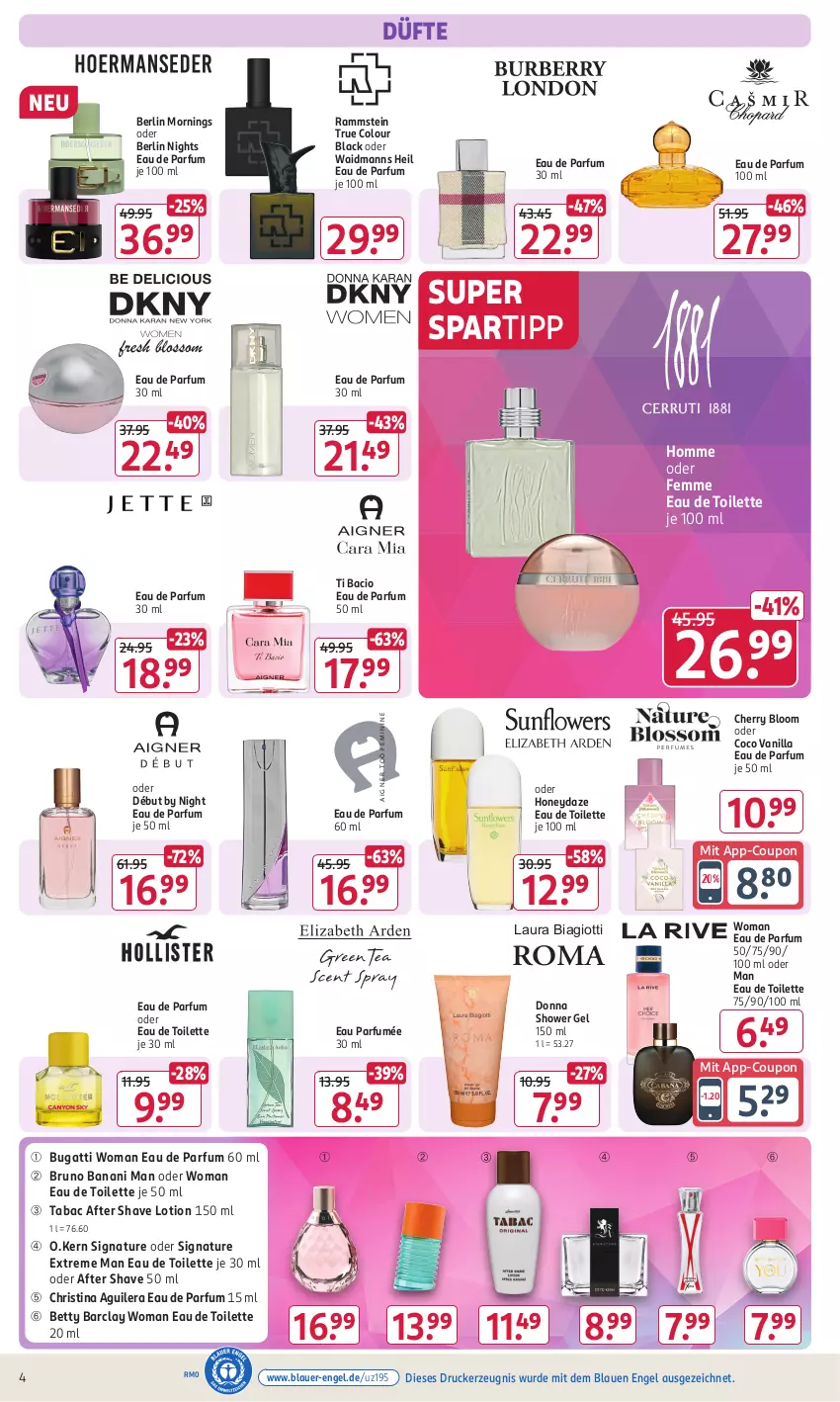 Aktueller Prospekt Rossmann - Prospekte - von 03.06 bis 07.06.2024 - strona 4 - produkty: after shave, auer, bett, bruno banani, bugatti, coupon, drucker, Eau de parfum, eau de parfum 30 ml, eau de parfum 50 ml, eau de toilette, Engel, kerze, lack, laura biagiotti, Lotion, natur, parfum, spartipp, Ti