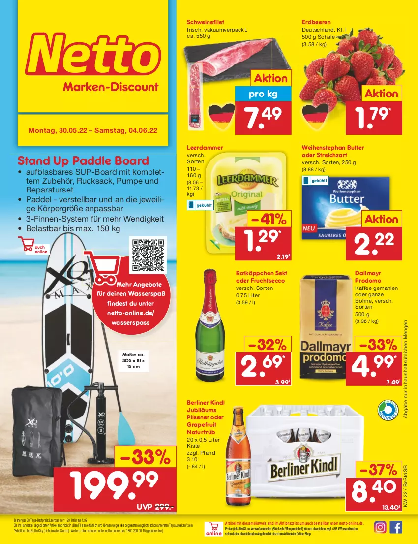 Aktueller Prospekt Netto Marken-Discount - Filial-Angebote - von 30.05 bis 04.06.2022 - strona 1 - produkty: angebot, angebote, beere, beeren, berliner, berliner kindl, bestpreis, bohne, butter, dallmayr, dallmayr prodomo, ecco, eis, erdbeere, erdbeeren, filet, frucht, fruchtsecco, grapefruit, Jubiläums, kaffee, leerdammer, natur, ndk, pils, pilsener, prodomo, reis, rotkäppchen, rucksack, sac, Schal, Schale, schwein, schweine, schweinefilet, sekt, Streichzart, Ti, wasser, weihenstephan, wein, weine, ZTE