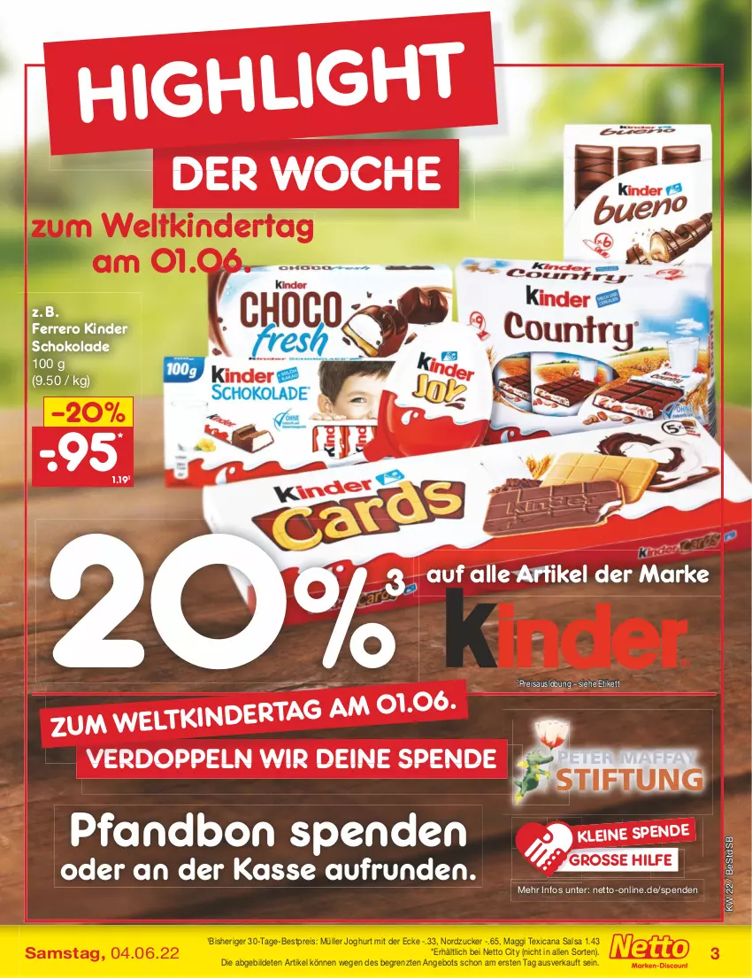 Aktueller Prospekt Netto Marken-Discount - Filial-Angebote - von 30.05 bis 04.06.2022 - strona 3 - produkty: angebot, bestpreis, eis, ferrero, joghur, joghurt, joghurt mit der ecke, Kinder, kinder schokolade, leine, maggi, Müller, nordzucker, reis, Salsa, schoko, schokolade, texicana, Texicana Salsa, Ti, ZTE, zucker