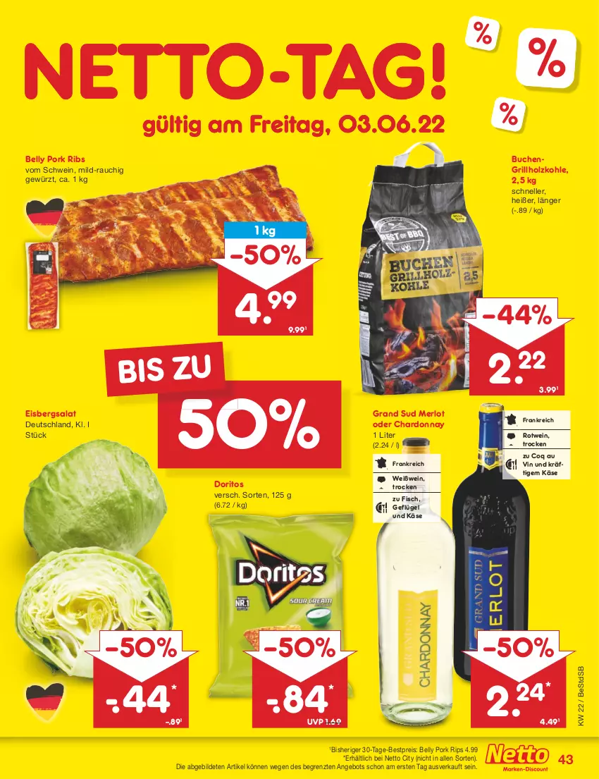 Aktueller Prospekt Netto Marken-Discount - Filial-Angebote - von 30.05 bis 04.06.2022 - strona 43 - produkty: angebot, bestpreis, buch, chardonnay, Doritos, eis, eisbergsalat, elle, fisch, Geflügel, gewürz, grand sud, grill, grillholzkohle, Holz, holzkohle, Käse, merl, merlot, Rauch, reis, rotwein, salat, schwein, Ti, wein, Weißwein, ZTE