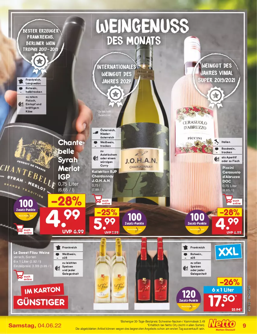 Aktueller Prospekt Netto Marken-Discount - Filial-Angebote - von 30.05 bis 04.06.2022 - strona 9 - produkty: angebot, aperitif, berliner, bestpreis, chardonnay, cin, curry, eintopf, eis, elle, fisch, fleisch, Käse, merl, merlot, nuss, reis, roséwein, rotwein, schwein, schweine, steak, Ti, tisch, topf, wein, weine, Weißwein, ZTE