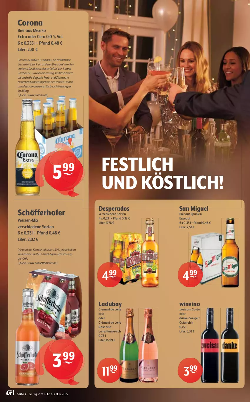 Aktueller Prospekt Getraenke Hoffmann - Prospekte - von 19.12 bis 31.12.2022 - strona 2 - produkty: Amaretto, apfel, auer, Bau, Bauer, bier, brut, champagne, champagner, chips, coca-cola, cola, corona, crunchips, cuvée, desperados, dry gin, eier, eierlikör, eis, elle, ente, erfrischungsgetränk, fever-tree, flasche, frucht, getränk, gin, Glühwein, likör, lorenz, lorenz crunchips, mac, mais, malz, milch, rel, rum, rwe, sahne, schöfferhofer, Ti, vanille, weck, wein, ZTE, Zweigelt