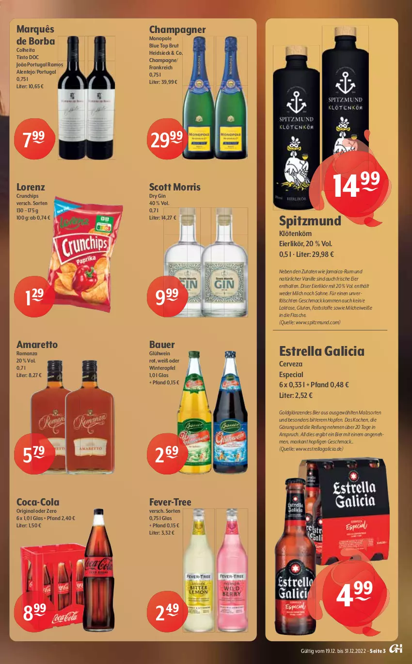 Aktueller Prospekt Getraenke Hoffmann - Prospekte - von 19.12 bis 31.12.2022 - strona 3 - produkty: Amaretto, apfel, auer, Bau, Bauer, bier, brut, champagne, champagner, chips, coca-cola, cola, corona, crunchips, cuvée, desperados, dry gin, eier, eierlikör, eis, elle, ente, erfrischungsgetränk, fever-tree, flasche, frucht, getränk, gin, Glühwein, likör, lorenz, lorenz crunchips, mac, mais, malz, milch, rel, rum, rwe, sahne, schöfferhofer, Ti, vanille, weck, wein, ZTE, Zweigelt