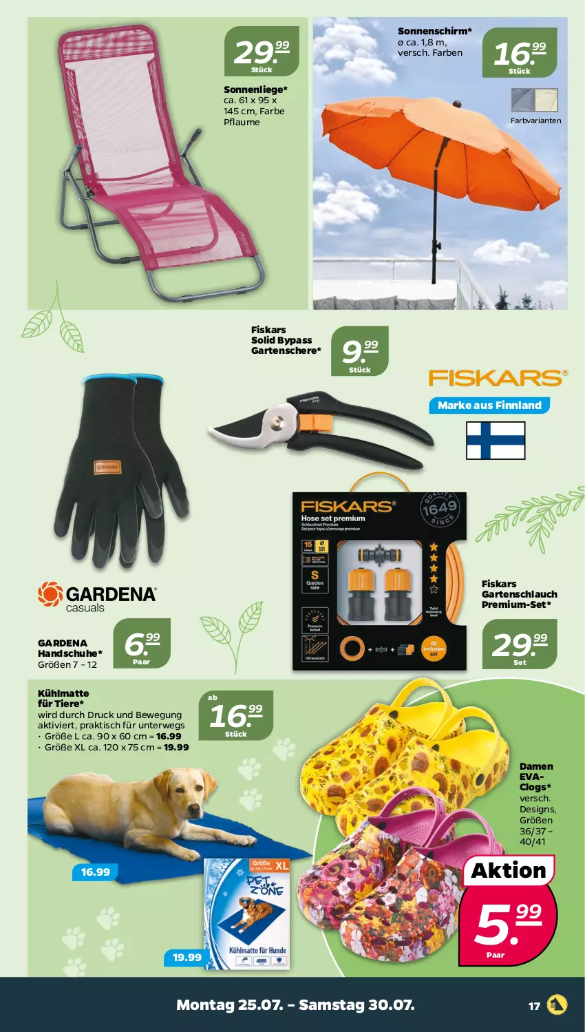 Aktueller Prospekt Netto - Woche 30 - von 25.07 bis 30.07.2022 - strona 17 - produkty: Clogs, fiskars, gardena, Garten, Gartenschere, gartenschlauch, handschuhe, Liege, pflaume, Ria, rwe, Schere, schlauch, schuhe, sonnenliege, sonnenschirm, Ti, Tiere, tisch