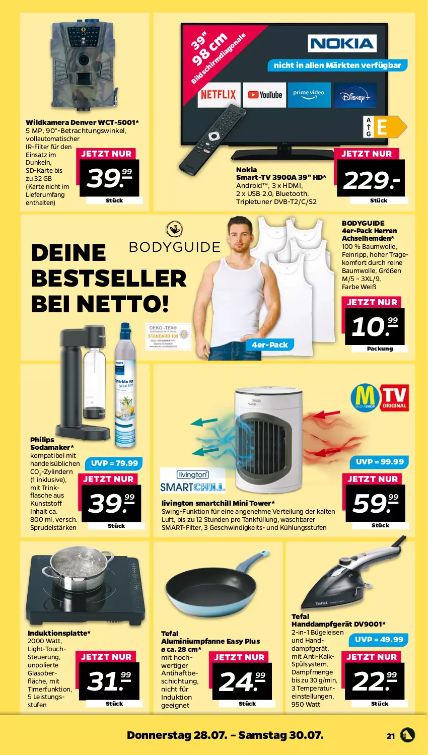 Aktueller Prospekt Netto - Woche 30 - von 25.07 bis 30.07.2022 - strona 21 - produkty: achselhemd, auto, Bau, baumwolle, body, bügel, Bügeleisen, dvb, DVB-T, eis, elle, flasche, gsw, HDMI, hemd, hemden, kamera, latte, nokia, pfanne, Philips, reine baumwolle, rum, Soda, Sprudel, tefal, Ti, timer, tisch, trinkflasche, tuner, usb, Wild, Wildkamera, wolle