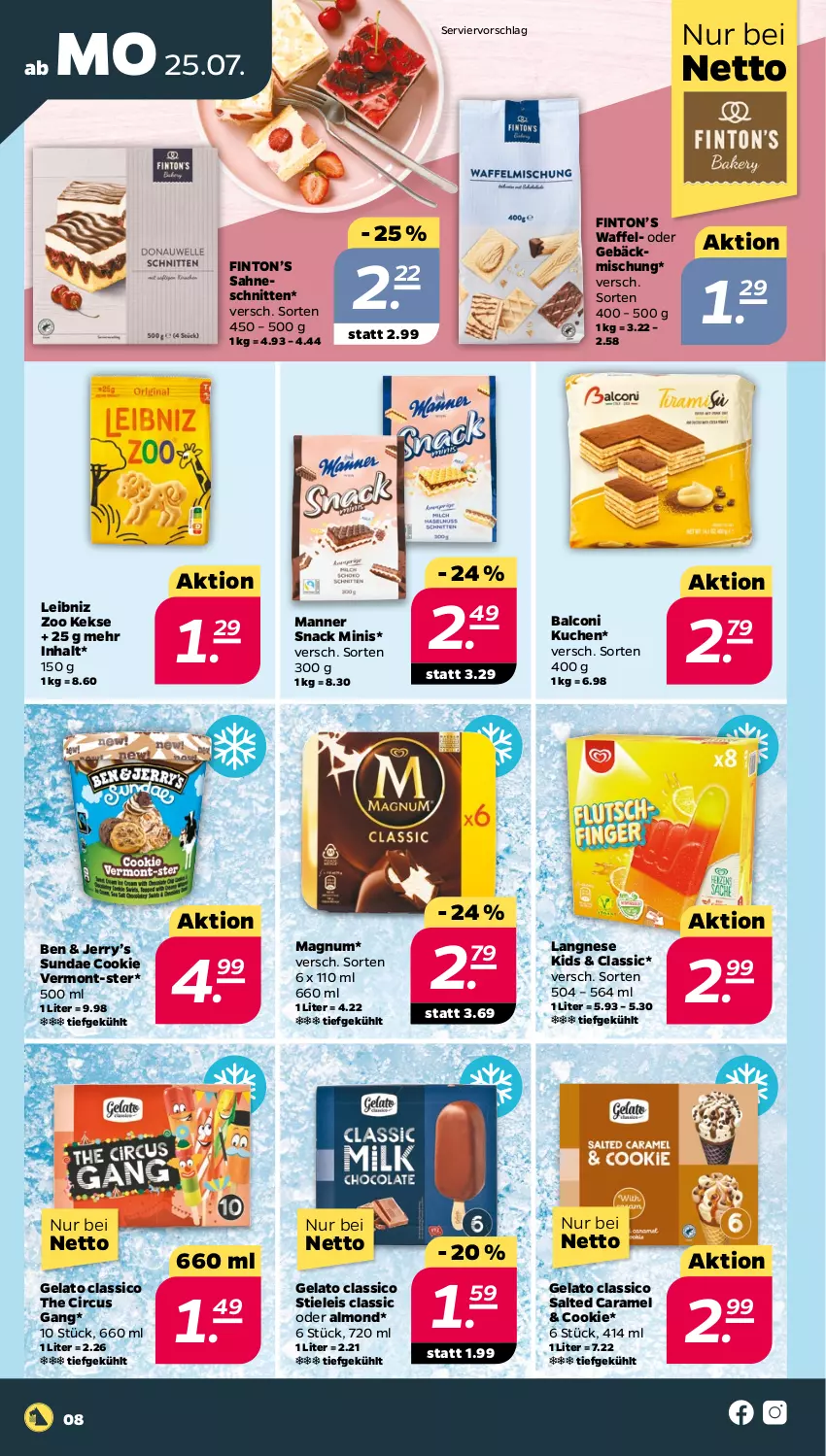 Aktueller Prospekt Netto - Woche 30 - von 25.07 bis 30.07.2022 - strona 8 - produkty: Alcon, caramel, classico, cookie, eis, gebäckmischung, keks, kekse, kuchen, langnese, leibniz, magnum, Manner, sahne, schnitten, snack, stieleis, Ti