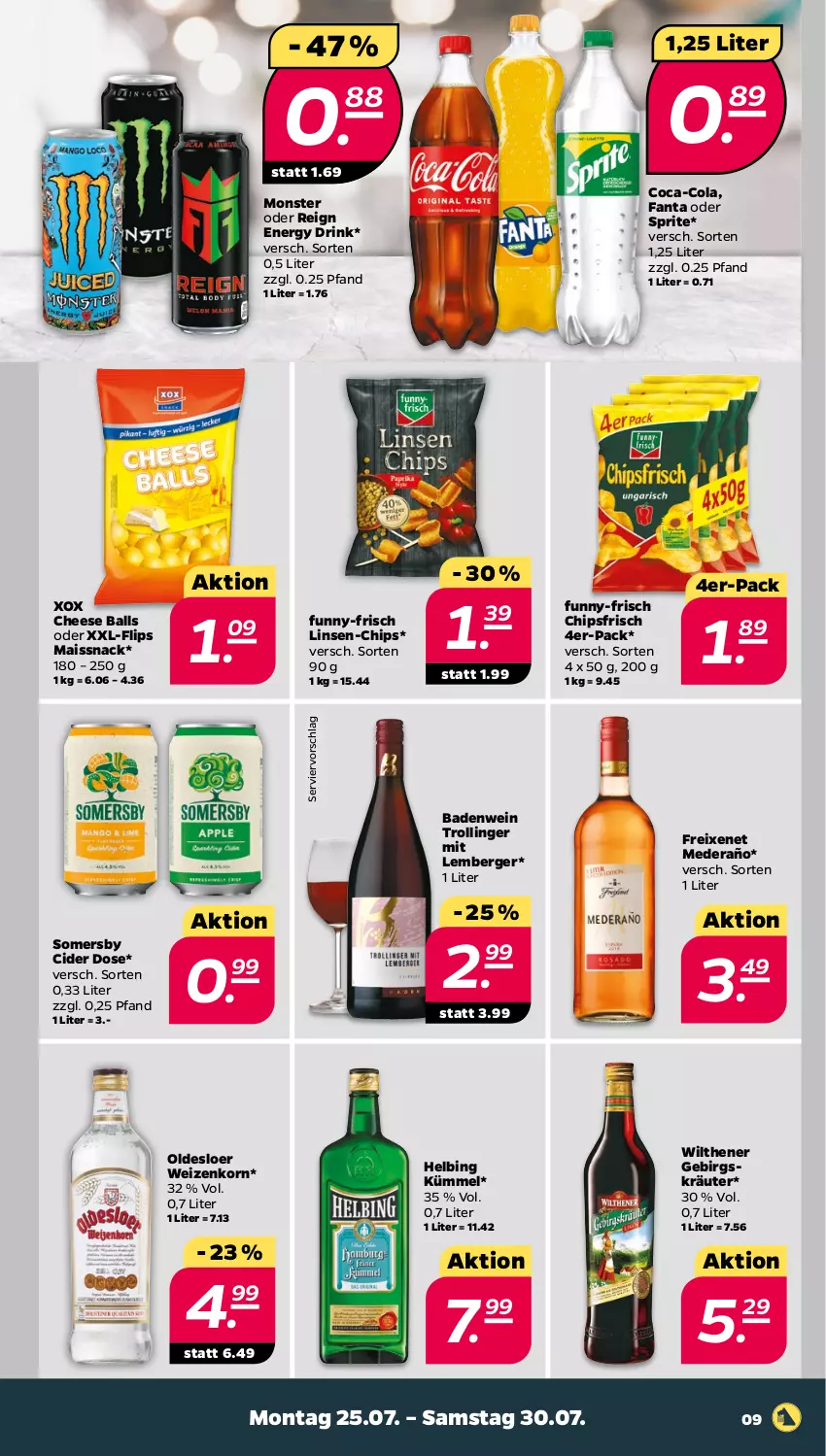 Aktueller Prospekt Netto - Woche 30 - von 25.07 bis 30.07.2022 - strona 9 - produkty: Bad, ball, Berger, chips, chipsfrisch, cider, coca-cola, cola, drink, energy drink, fanta, fanta oder, fanta oder sprite, freixenet, funny-frisch, korn, kräuter, linsen, mais, monster, oder sprite, oldesloer, snack, somersby, sprite, Ti, trolli, trollinger, wein, weizenkorn, wilthener