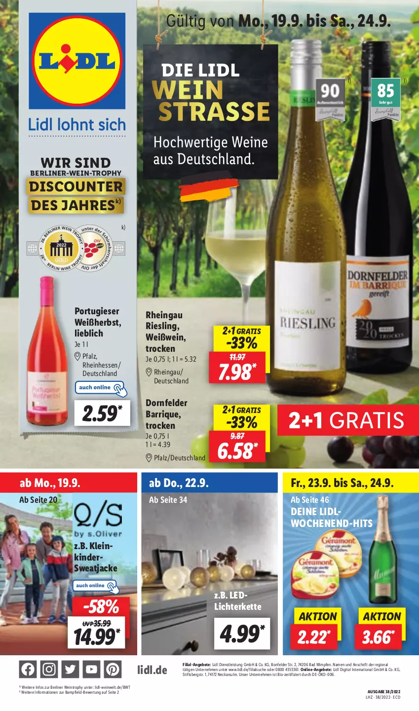 Aktueller Prospekt Lidl - Aktionsprospekt - von 19.09 bis 24.09.2022 - strona 1 - produkty: angebot, angebote, Bad, berliner, bio, discount, dornfelder, eis, Jacke, Kette, Kinder, lichterkette, riesling, sweatjacke, Ti, wein, Weißwein