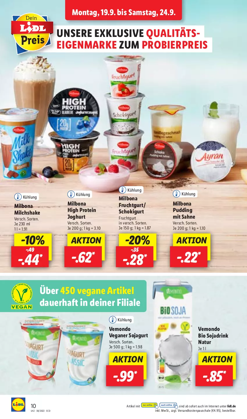 Aktueller Prospekt Lidl - Aktionsprospekt - von 19.09 bis 24.09.2022 - strona 10 - produkty: auer, bier, bio, Bona, drink, eis, frucht, Fruchtgurt, joghur, joghurt, Milbona, milch, natur, ndk, pudding, reis, sahne, Schal, Schale, shake, soja, Sojadrink, Ti