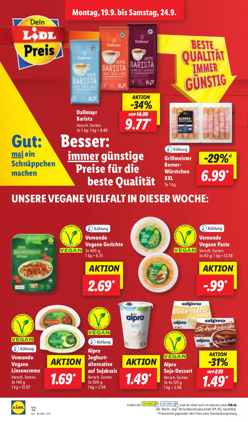 Aktueller Prospekt Lidl - Aktionsprospekt - von 19.09 bis 24.09.2022 - strona 12 - produkty: alpro, creme, dallmayr, dessert, eis, grill, joghur, joghurt, linsen, mac, Meister, ndk, preisvorteil, reis, Schal, Schale, schnäppchen, soja, Ti, würstchen