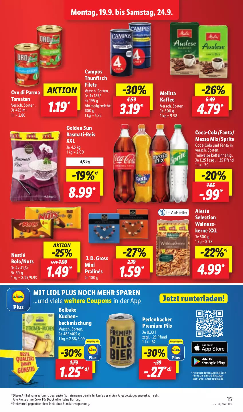 Aktueller Prospekt Lidl - Aktionsprospekt - von 19.09 bis 24.09.2022 - strona 15 - produkty: alesto, angebot, backmischung, basmati, coca-cola, cola, coupon, coupons, eis, elle, fanta, filet, filets, fisch, kaffee, kuchen, melitta, Mezzo Mix, mini pralinés, nestlé, nuss, oro di parma, perlen, pils, preisvorteil, premium pils, reis, sprite, teller, thunfisch, thunfisch filets, Ti, tomate, tomaten, walnuss, ZTE