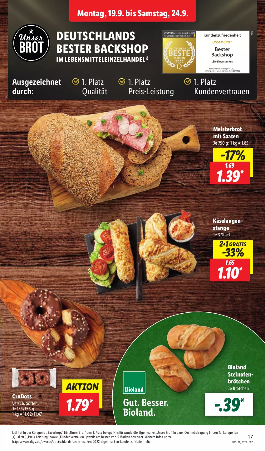 Aktueller Prospekt Lidl - Aktionsprospekt - von 19.09 bis 24.09.2022 - strona 17 - produkty: bio, bioland, brot, brötchen, eis, Käse, Laugenstange, lebensmittel, Meister, Ofen, reis, steinofen, Ti