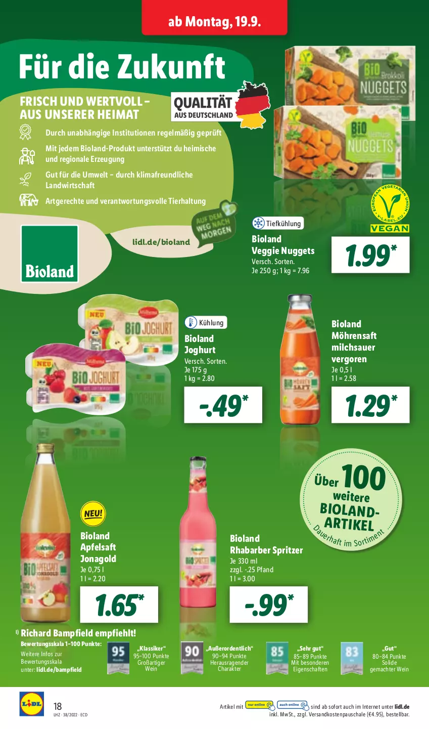 Aktueller Prospekt Lidl - Aktionsprospekt - von 19.09 bis 24.09.2022 - strona 18 - produkty: apfel, apfelsaft, auer, bio, bioland, joghur, joghurt, mac, milch, möhren, ndk, nuggets, rhabarber, saft, Schal, Schale, Ti, veggie, wein