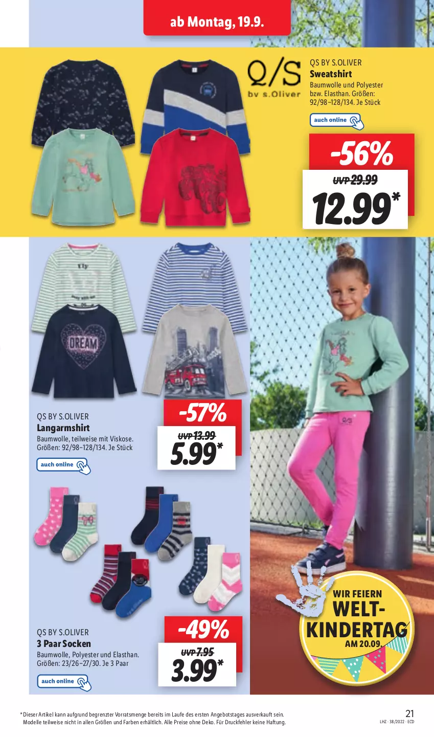 Aktueller Prospekt Lidl - Aktionsprospekt - von 19.09 bis 24.09.2022 - strona 21 - produkty: angebot, Bau, baumwolle, dell, eier, eis, elle, Kinder, Langarmshirt, Mode, olive, reis, s.oliver, shirt, socken, Sweatshirt, Ti, wolle, ZTE