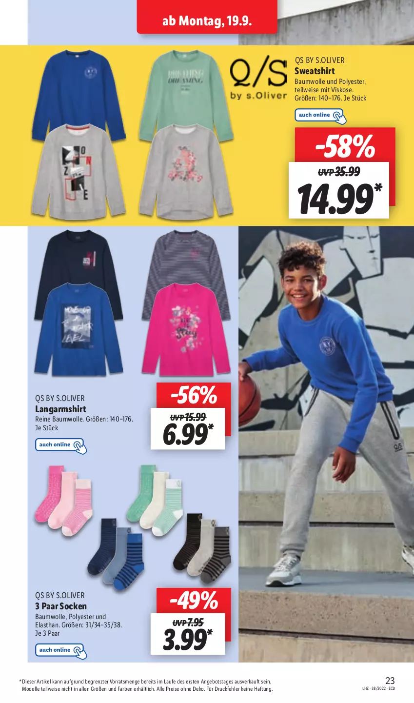 Aktueller Prospekt Lidl - Aktionsprospekt - von 19.09 bis 24.09.2022 - strona 23 - produkty: angebot, Bau, baumwolle, dell, eis, elle, Langarmshirt, Mode, olive, reine baumwolle, reis, s.oliver, shirt, socken, Sweatshirt, Ti, wolle, ZTE