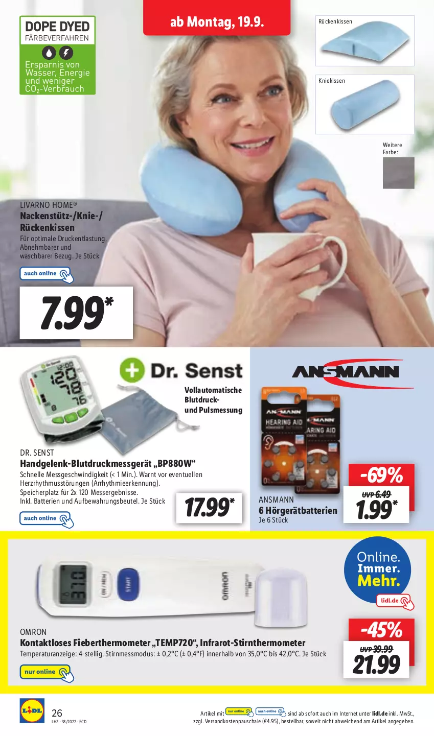 Aktueller Prospekt Lidl - Aktionsprospekt - von 19.09 bis 24.09.2022 - strona 26 - produkty: auto, batterie, batterien, beutel, Blutdruckmessgerät, elle, Fieberthermometer, kissen, Kniekissen, messer, ndk, Rückenkissen, Schal, Schale, thermometer, Ti, tisch