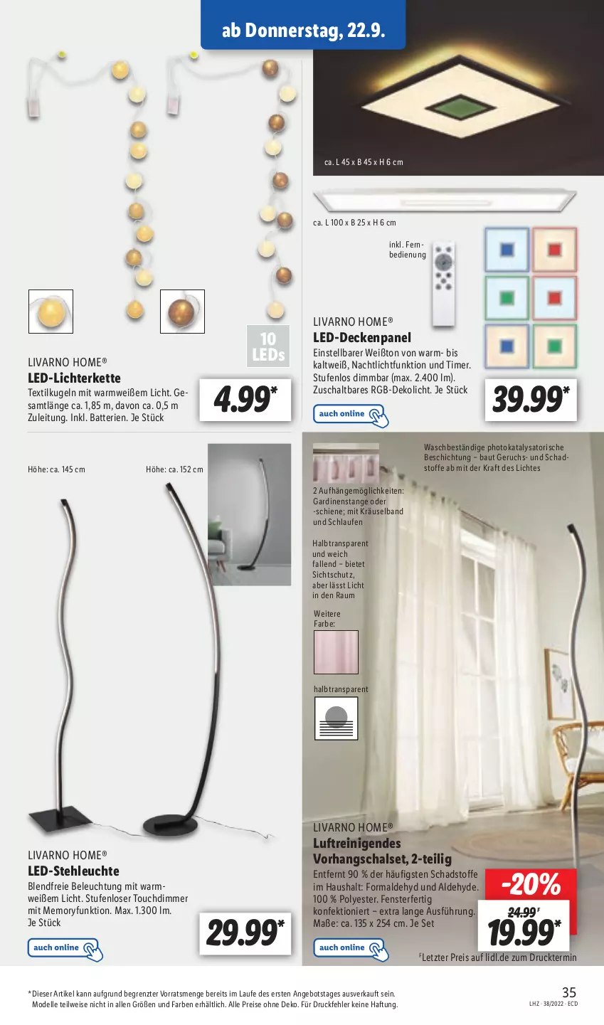 Aktueller Prospekt Lidl - Aktionsprospekt - von 19.09 bis 24.09.2022 - strona 35 - produkty: angebot, batterie, batterien, Bau, beleuchtung, decke, dell, dimmer, eis, elle, fenster, fernbedienung, Gardinen, Kette, kraft, Kugel, Laufen, led-licht, led-stehleuchte, leds, Leuchte, lichterkette, Mode, Nachtlicht, reis, Schal, stehleuchte, Ti, timer, ZTE