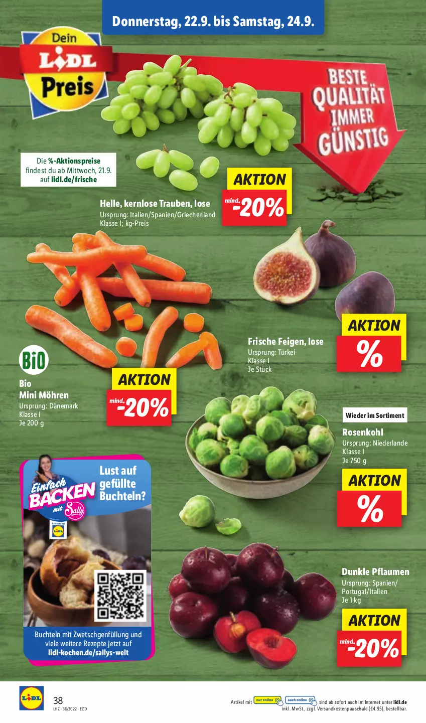 Aktueller Prospekt Lidl - Aktionsprospekt - von 19.09 bis 24.09.2022 - strona 38 - produkty: aktionspreis, bio, buch, eis, elle, Feigen, möhren, ndk, pflaume, pflaumen, reis, rezept, rezepte, rosen, Rosenkohl, Schal, Schale, Ti, trauben