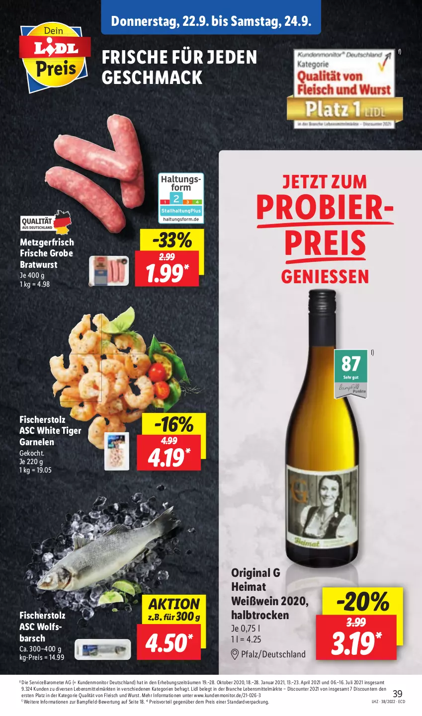 Aktueller Prospekt Lidl - Aktionsprospekt - von 19.09 bis 24.09.2022 - strona 39 - produkty: bier, bratwurst, discount, eis, fisch, fische, Fischer, fleisch, garnelen, gin, grobe bratwurst, lebensmittel, mac, monitor, preisvorteil, pril, reis, Ti, wein, Weißwein, wolfsbarsch, wurst