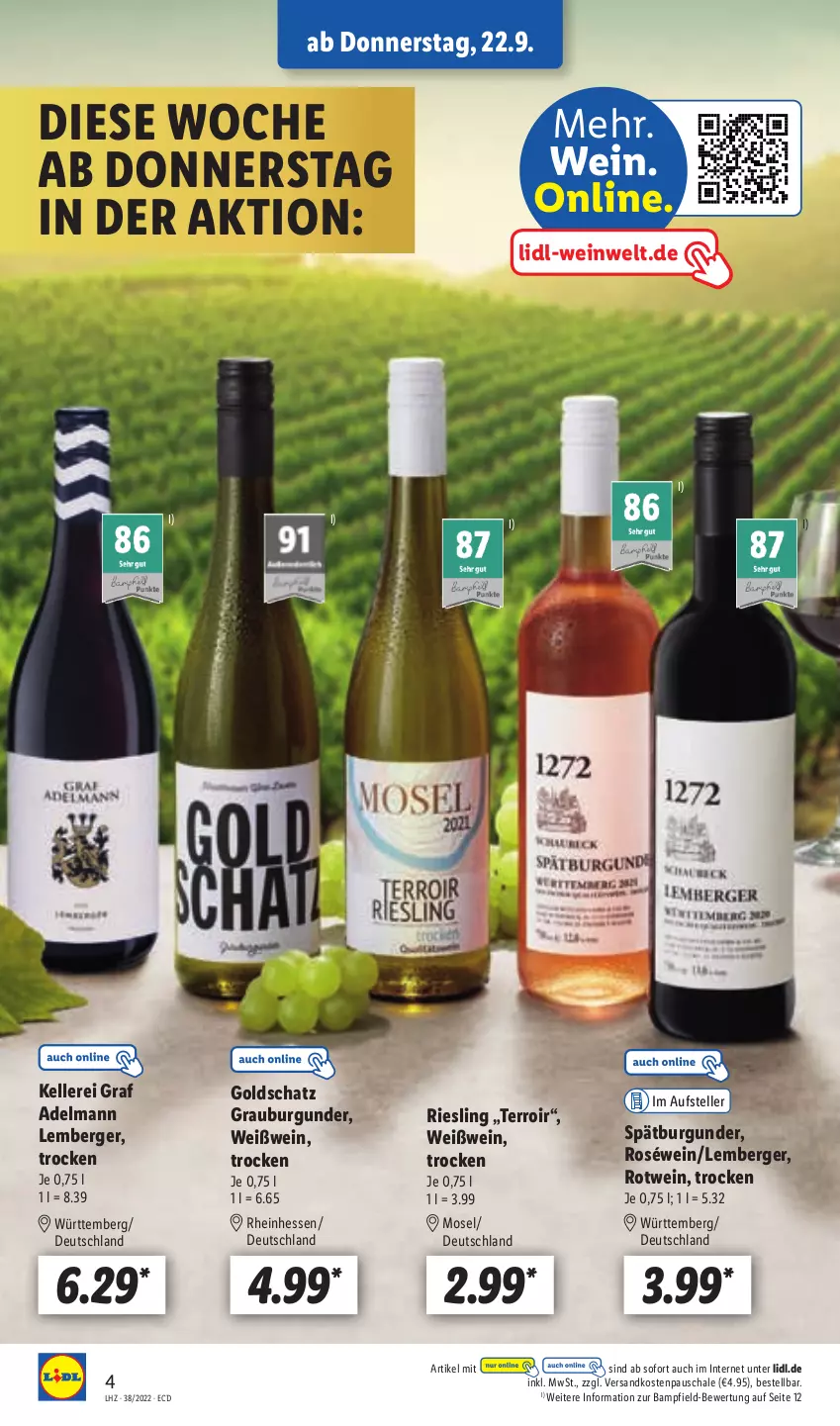 Aktueller Prospekt Lidl - Aktionsprospekt - von 19.09 bis 24.09.2022 - strona 4 - produkty: Berger, burgunder, elle, grauburgunder, ndk, riesling, roséwein, rotwein, Schal, Schale, spätburgunder, teller, Ti, wein, Weißwein