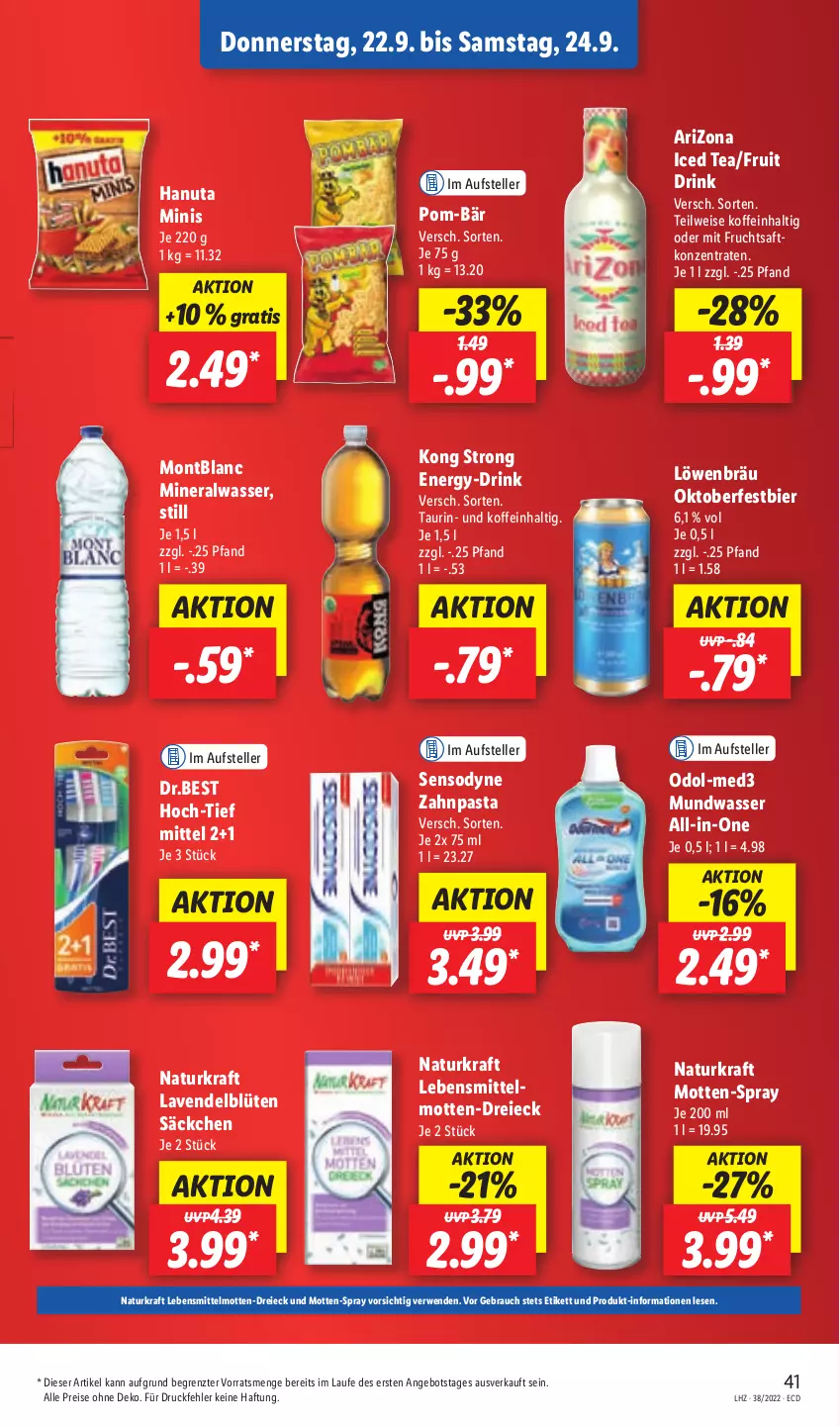 Aktueller Prospekt Lidl - Aktionsprospekt - von 19.09 bis 24.09.2022 - strona 41 - produkty: Alwa, angebot, bier, Blüte, drink, eis, elle, frucht, fruchtsaft, hanuta, kraft, lavendel, lebensmittel, mineralwasser, mit frucht, Montblanc, mundwasser, natur, Odol, pasta, pom-bär, Rauch, reis, rwe, saft, sensodyne, teller, Ti, wasser, zahnpasta, ZTE