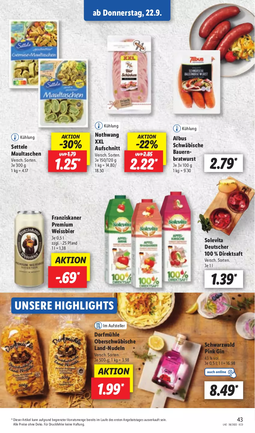 Aktueller Prospekt Lidl - Aktionsprospekt - von 19.09 bis 24.09.2022 - strona 43 - produkty: angebot, auer, aufschnitt, Bau, Bauer, bier, bratwurst, direktsaft, eis, elle, franziskaner, gin, maultaschen, nudel, nudeln, reis, saft, settele, Tasche, taschen, teller, Ti, vita, weissbier, wurst, ZTE