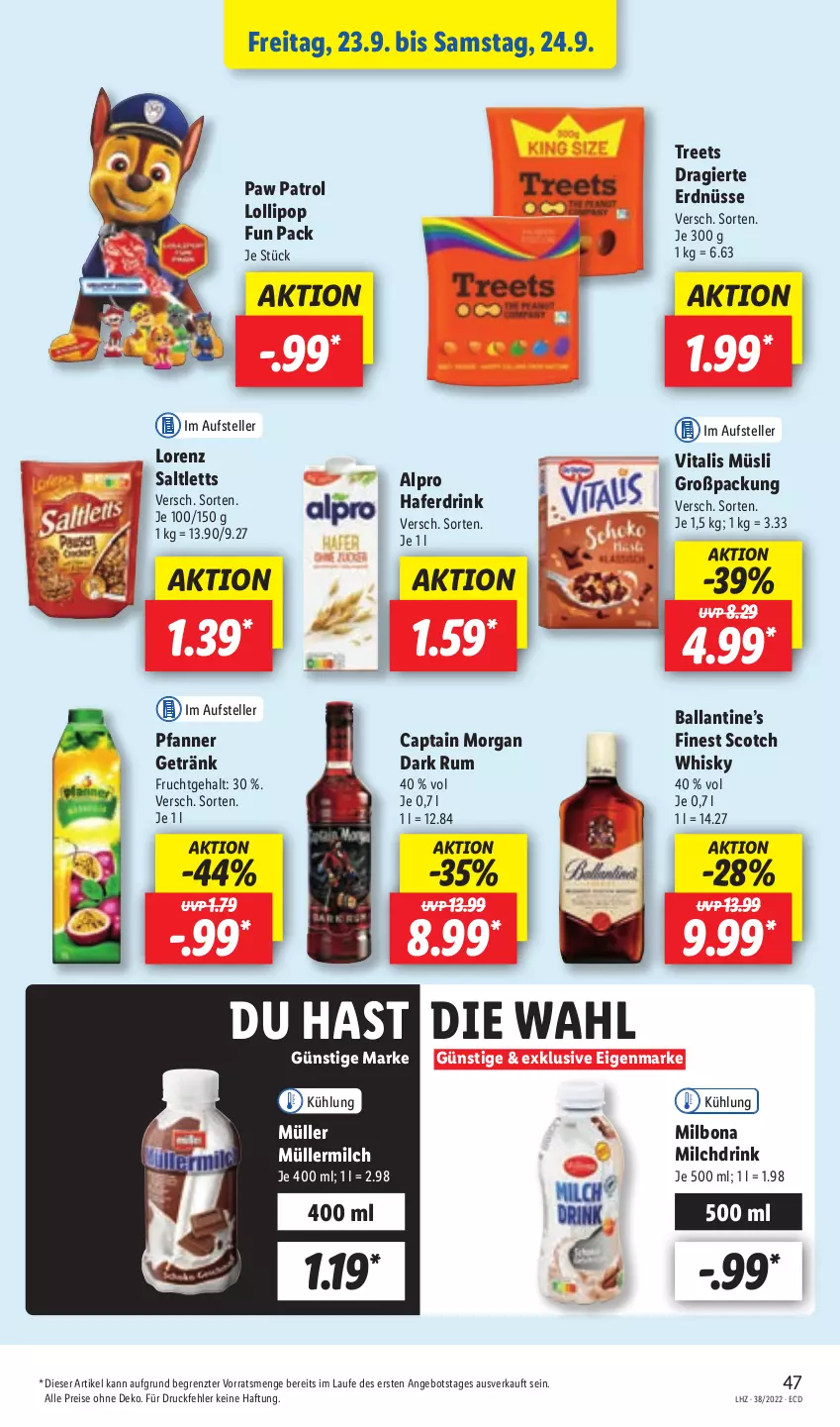 Aktueller Prospekt Lidl - Aktionsprospekt - von 19.09 bis 24.09.2022 - strona 47 - produkty: alpro, angebot, ball, Bona, Cap, captain morgan, drink, eis, elle, erdnüsse, frucht, getränk, hafer, Haferdrink, lorenz, Milbona, milch, Müller, müllermilch, müsli, Paw Patrol, pfanne, Pfanner, reis, rum, saltletts, scotch, scotch whisky, teller, Ti, vita, vitalis, vitalis müsli, whisky, ZTE