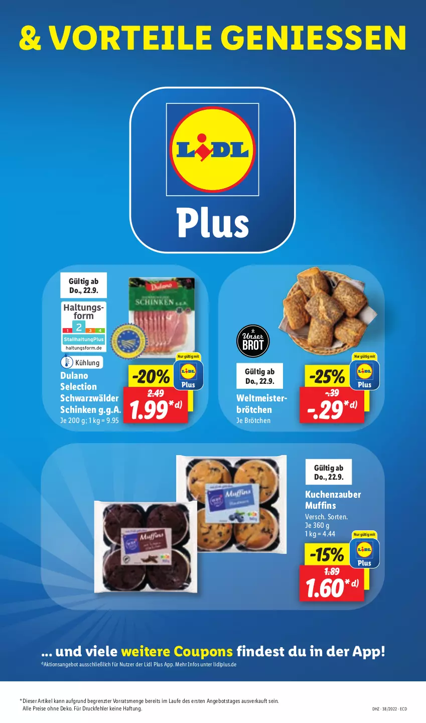 Aktueller Prospekt Lidl - Aktionsprospekt - von 19.09 bis 24.09.2022 - strona 51 - produkty: angebot, brot, brötchen, coupon, coupons, dulano, eis, kuchen, Meister, Muffin, muffins, reis, schinken, schwarzwälder schinken, Ti, ZTE