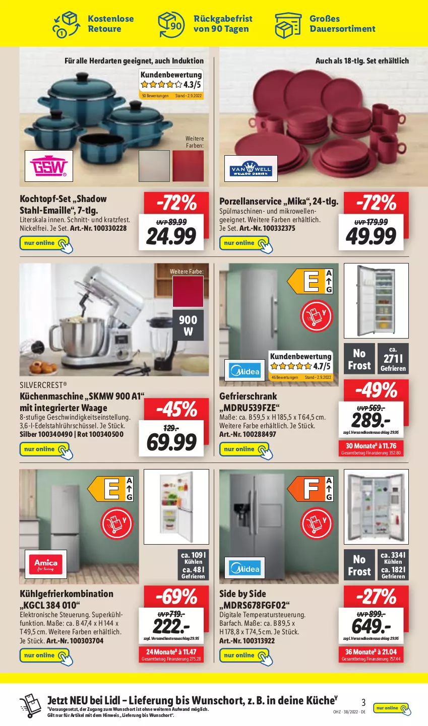 Aktueller Prospekt Lidl - Aktionsprospekt - von 19.09 bis 24.09.2022 - strona 55 - produkty: auer, edelstahl, eis, Elektro, elle, gefrierkombination, gefrierschrank, herdarten, Kochtopf, küche, Küchen, küchenmaschine, LG, maille, mikrowelle, ndk, Rührschüssel, Schrank, schüssel, silvercrest, spülmaschinen, Ti, topf, topf-set, Waage