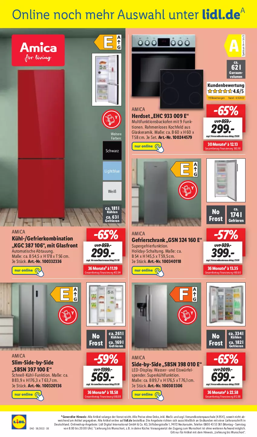 Aktueller Prospekt Lidl - Aktionsprospekt - von 19.09 bis 24.09.2022 - strona 56 - produkty: amica, angebot, angebote, auto, backofen, eis, eiswürfel, elle, garraum, gefrierkombination, gefrierschrank, glaskeramik, herdset, kochfeld, küche, ndk, Ofen, reis, rel, rum, Schal, Schale, Schrank, Spektrum, supergefrierfunktion, telefon, Ti, tisch, uhr, wasser, würfel