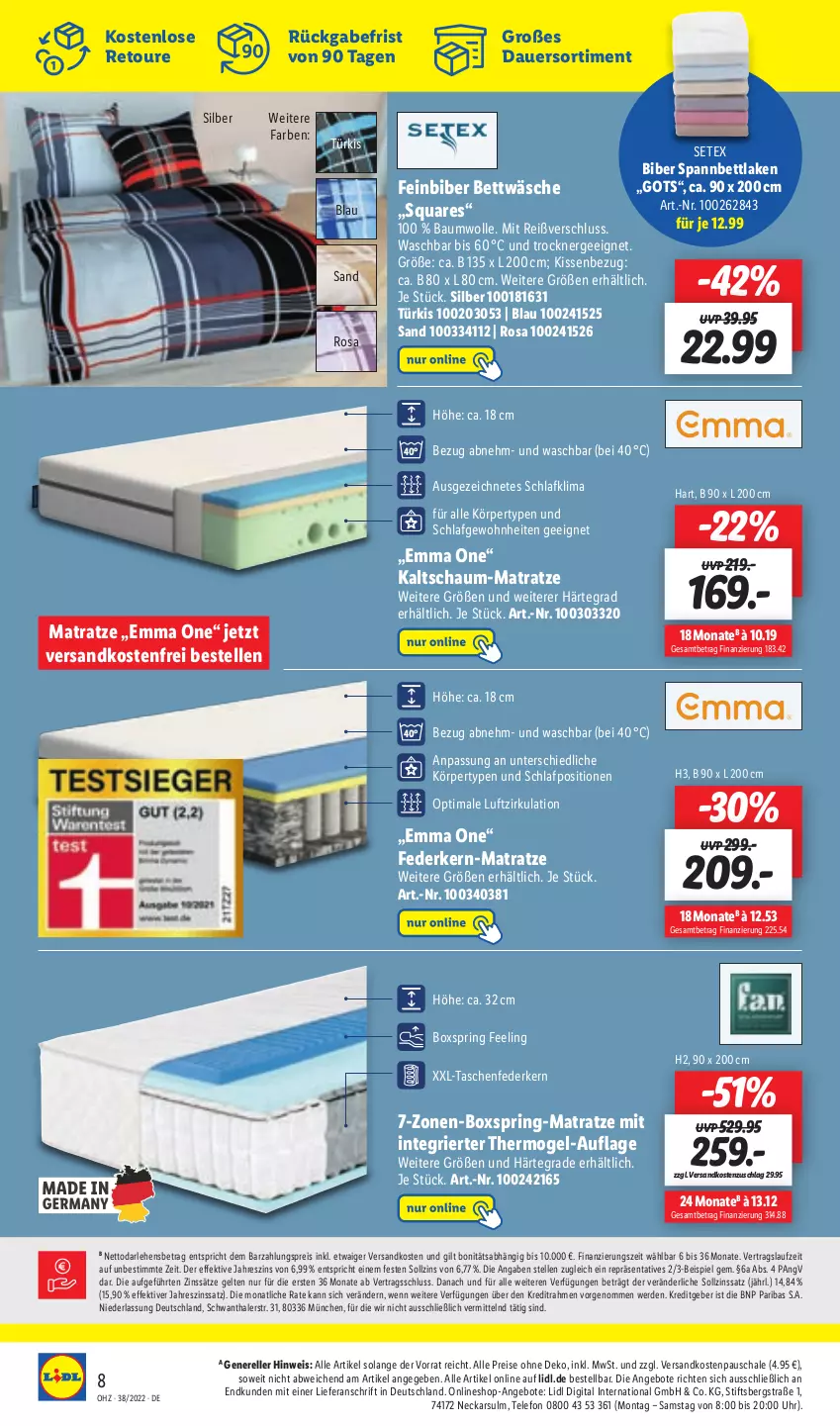 Aktueller Prospekt Lidl - Aktionsprospekt - von 19.09 bis 24.09.2022 - strona 62 - produkty: angebot, angebote, auer, Bau, baumwolle, bett, bettwäsche, eis, elle, erde, Ergee, federkern, kaltschaum-matratze, kissen, Kissenbezug, matratze, ndk, reis, rel, ring, Schal, Schale, spannbettlaken, Tasche, taschen, telefon, Ti, Trockner, uhr, versandkostenfrei, wolle