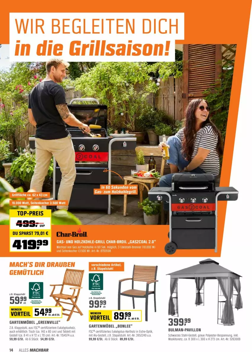 Aktueller Prospekt Obi - Prospekte - von 21.06 bis 03.07.2022 - strona 14 - produkty: char-broil, Garten, gartenmöbel, Holz, klappstuhl, mac, möbel, moskitonetz, pavillon, stapelstuhl, stuhl, tablet, tablett, Ti, tisch