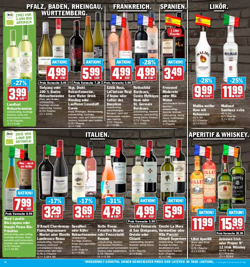 Aktueller Prospekt Hit - Prospekte - von 14.08 bis 19.08.2023 - strona 14 - produkty: ACC, aldi, amaro, aperitif, Bad, bio, chardonnay, chia, chianti, cin, cuvée, doppio passo, drink, eis, ente, finesse, flasche, freixenet, frucht, früchte, früchten, Germ, grill, grillo, irish whiskey, jameson, käfer, kokos, kokosnuss, Lambrusco, likör, lillet, Malibu, merl, merlot, Molinari, nuss, passo, primitivo, rebsortenweine, reis, riesling, rosato, rum, sambuca, Ti, wein, weine, whiskey, ZTE