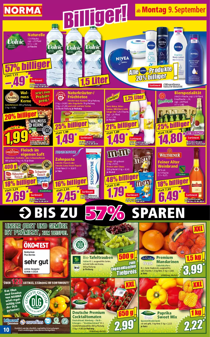 Aktueller Prospekt Norma - Norma - von 09.09 bis 16.09.2024 - strona 10 - produkty: beutel, bier, bio, bitter lemon, cocktail, eis, elle, erde, fenchel, flasche, fleisch, früchte, Früchtetee, Gewächshaus, gin, ginger, ginger ale, knoblauch, kräuter, mandarine, mandarinen, natur, Nektar, nektarinen, nuss, obst, Obst und Gemüse, paprika, pasta, reis, rel, saft, schwein, schweine, schweinefleisch, Spezi, tafeltrauben, tee, Ti, tiefpreis, tomate, tomaten, tonic, tonic water, trauben, truthahn, und gemüse, wein, weinbrand, weine, Wild, wild berry, zahnpasta