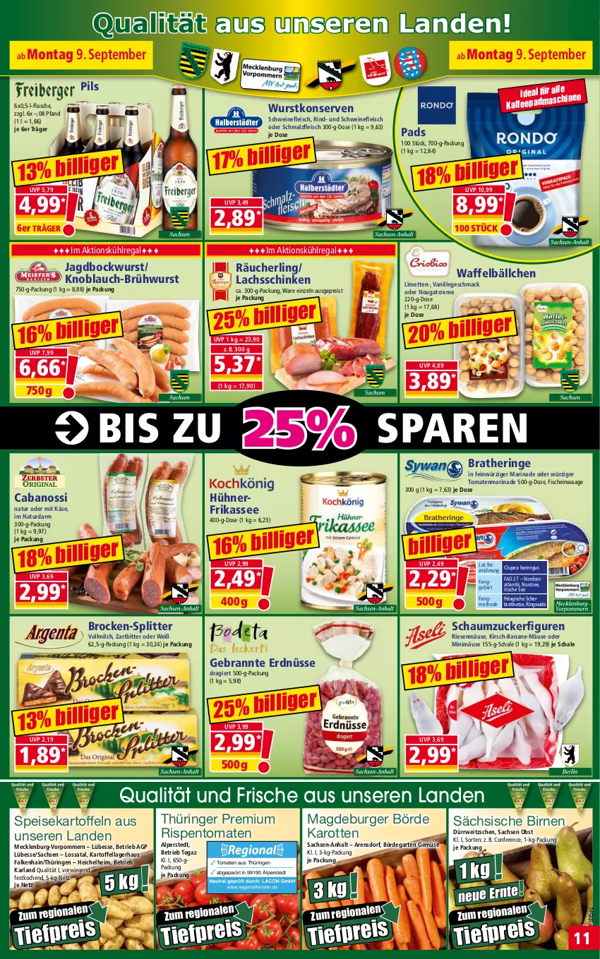 Aktueller Prospekt Norma - Norma - von 09.09 bis 16.09.2024 - strona 11 - produkty: arla, banane, Birnen, bockwurst, Bratheringe, Brock, Brühwurst, burger, Cabanossi, creme, eis, erdnüsse, fisch, fische, flasche, fleisch, Garten, Gebrannte Erdnüsse, hering, hühner, kaffee, karotten, kartoffel, kartoffeln, Käse, kirsch, knoblauch, Konserven, kühlregal, lachs, lachsschinken, limette, limetten, mac, malz, marinade, Mett, metten, milch, natur, nerf, Nordsee, Nougatcreme, obst, pils, Räucherling, regal, reis, rind, ring, rispentomaten, rwe, sac, Schal, Schale, Schaumzucker, schinken, Schmalz, schwein, schweine, schweinefleisch, speisekartoffeln, Ti, tiefpreis, tomate, tomaten, vanille, vollmilch, Waage, wein, weine, wurst, wurstkonserven, zucker