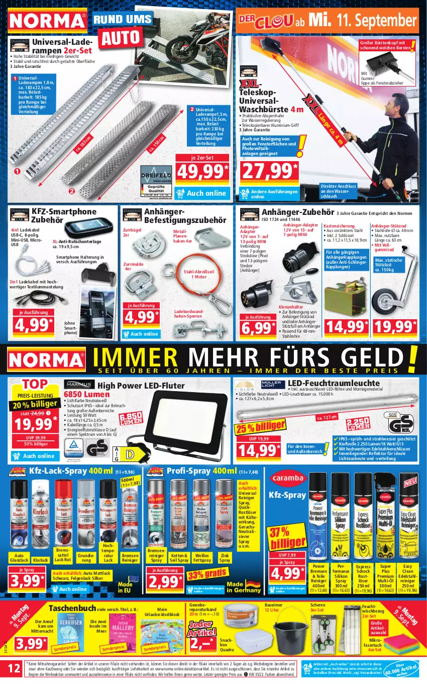 Aktueller Prospekt Norma - Norma - von 09.09 bis 16.09.2024 - strona 12 - produkty: adapter, Alwa, Anhänger, arla, auer, aust, auto, Bau, Baueimer, Bebe, beleuchtung, Brei, buch, bügel, bürste, bürsten, deka, edelstahl, eimer, eis, elle, felgen, fenster, gin, Kette, kraft, lack, ladekabel, LED-Fluter, Leuchte, LG, Liege, Mantel, mikrofaser, ndk, quad, Quadro, reiniger, Reinigung, reis, Ria, rum, sattel, Schere, schlauch, smartphone, snack, Spektrum, steckdose, Tasche, taschen, Taschenbuch, Teleskop, Ti, tisch, tuc, usb, wasser, Wasserschlauch, weber, ZTE