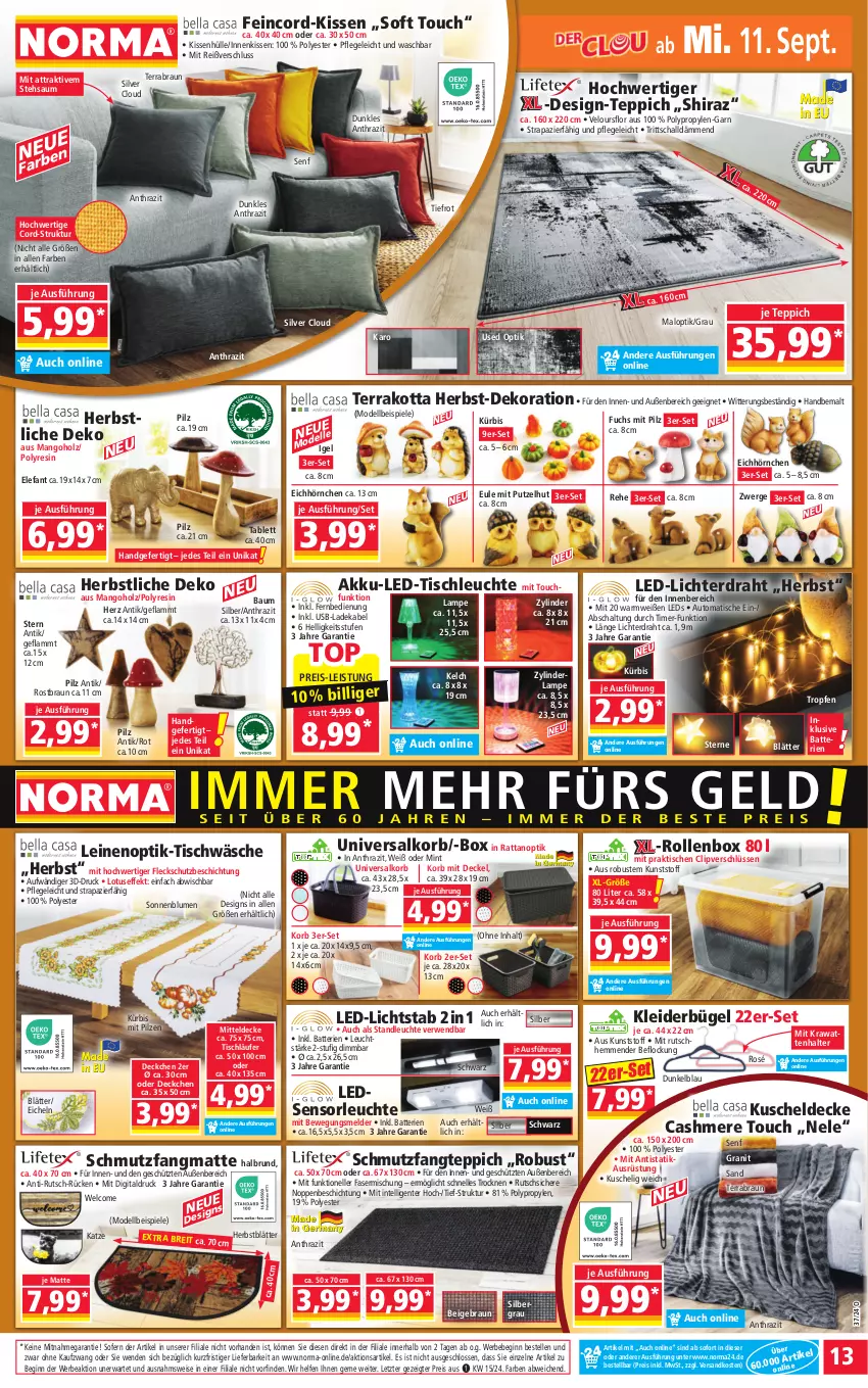 Aktueller Prospekt Norma - Norma - von 09.09 bis 16.09.2024 - strona 13 - produkty: akku, auto, batterie, batterien, Bau, Bebe, blume, blumen, braun, Brei, bügel, cashmere, decke, Deckel, deka, dekoration, dell, Draht, eis, Elefant, elle, ente, fernbedienung, gin, Holz, hörnchen, Intel, kissen, kissenhülle, kleid, kleider, kleiderbügel, korb, Kürbis, kuscheldecke, ladekabel, lamm, Lampe, Läufer, led-licht, led-tischleuchte, leds, leine, Leuchte, mango, mint, mitteldecke, Mode, ndk, pilze, reis, Rollenbox, rwe, Schal, schmutzfangmatte, senf, sonnenblume, sonnenblumen, Spiele, tablet, tablett, teppich, Ti, timer, tisch, tischläufer, tischleuchte, Tischwäsche, usb, ZTE