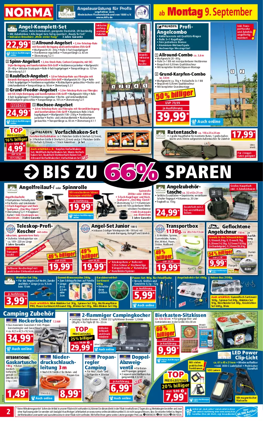 Aktueller Prospekt Norma - Norma - von 09.09 bis 16.09.2024 - strona 2 - produkty: asti, auto, Bebe, bier, deka, dell, eis, elle, fisch, fische, Fischer, forelle, getränk, getränke, gin, grill, hocker, HP, kaffee, Kescher, kissen, Knicklicht, Kocher, kraft, Kugel, ladekabel, lamm, leine, LG, Mode, ndk, reis, rel, ring, Schere, schlauch, sitzkissen, Spiele, Sport, sporttasche, Stier, Tasche, taschen, Teleskop, Ti, tisch, tragetasche, usb, Wels, Zander, ZTE